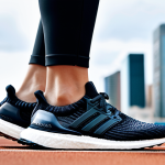 A professional, active individual, fully clothed in modest, modern athletic wear, stands dynamically on a sleek, urban running track. Their feet are adorned with the latest Adidas Ultraboost running shoes, with a clear focus on the distinctive, cloud-like Boost cushioning and the intricate Primeknit upper. The lighting is bright and natural, highlighting the shoe's innovative design. The background features blurred city architecture, conveying movement and urban life. perfect anatomy, correct proportions, natural pose, well-formed hands, proper finger count, natural body proportions, high-quality professional photography, safe for work, appropriate content, fully clothed, family-friendly.