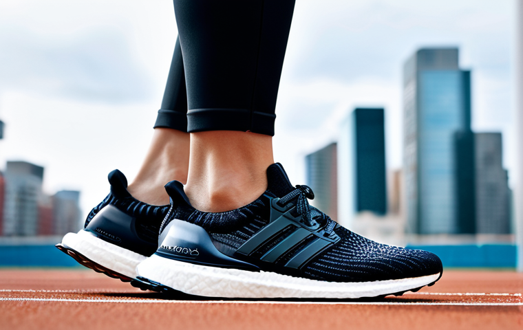 A professional, active individual, fully clothed in modest, modern athletic wear, stands dynamically on a sleek, urban running track. Their feet are adorned with the latest Adidas Ultraboost running shoes, with a clear focus on the distinctive, cloud-like Boost cushioning and the intricate Primeknit upper. The lighting is bright and natural, highlighting the shoe's innovative design. The background features blurred city architecture, conveying movement and urban life. perfect anatomy, correct proportions, natural pose, well-formed hands, proper finger count, natural body proportions, high-quality professional photography, safe for work, appropriate content, fully clothed, family-friendly.
