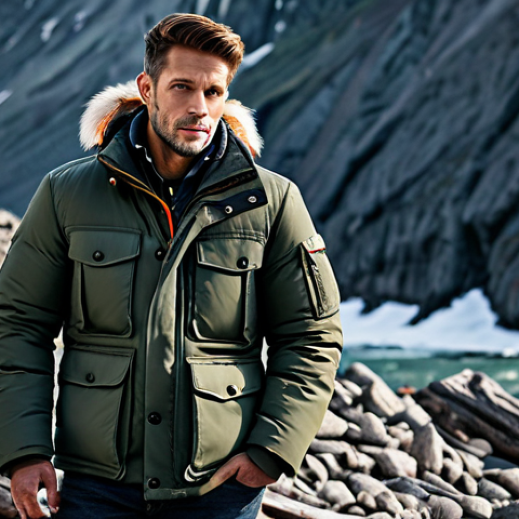 파라점퍼스 vs 몽클레르 겨울 아우터 - A durable, functional Parajumpers jacket displayed in a rugged outdoor setting, fully clothed model ...