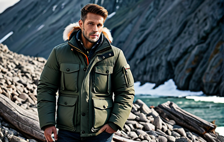 파라점퍼스 vs 몽클레르 겨울 아우터 - A durable, functional Parajumpers jacket displayed in a rugged outdoor setting, fully clothed model ...