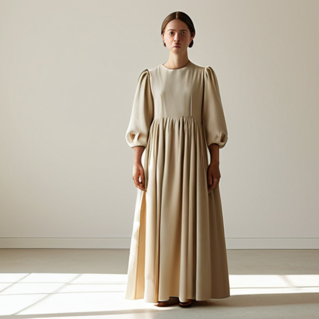 르메르와 아크네의 미니멀 룩 - **
"A woman in a modest, flowing Lemaire dress in a neutral beige color, standing in a sunlit, mini...