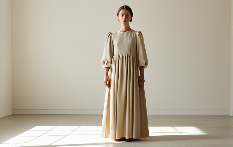 르메르와 아크네의 미니멀 룩 - **
"A woman in a modest, flowing Lemaire dress in a neutral beige color, standing in a sunlit, mini...