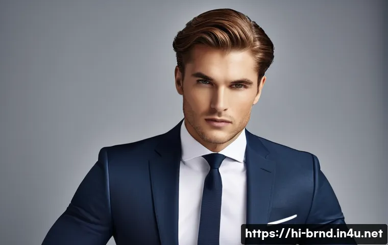 톰브라운과 드리스 반 노튼 비교 - A sophisticated male model wearing a classic Tom Brown suit featuring clean lines and a precise cut,...