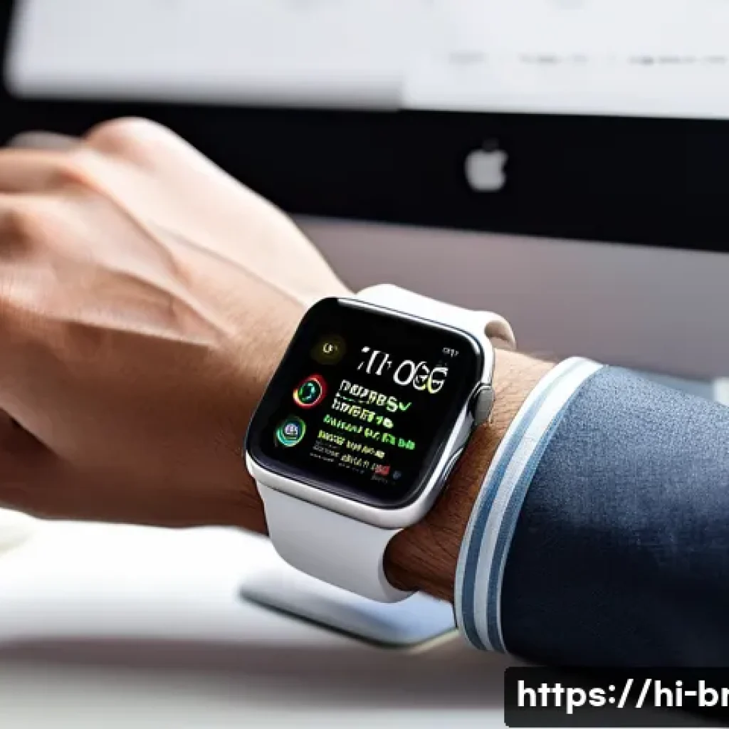 애플워치 vs 삼성 갤럭시워치 비교 - A detailed, modern workspace scene featuring a person wearing an Apple Watch on their wrist. The wat...