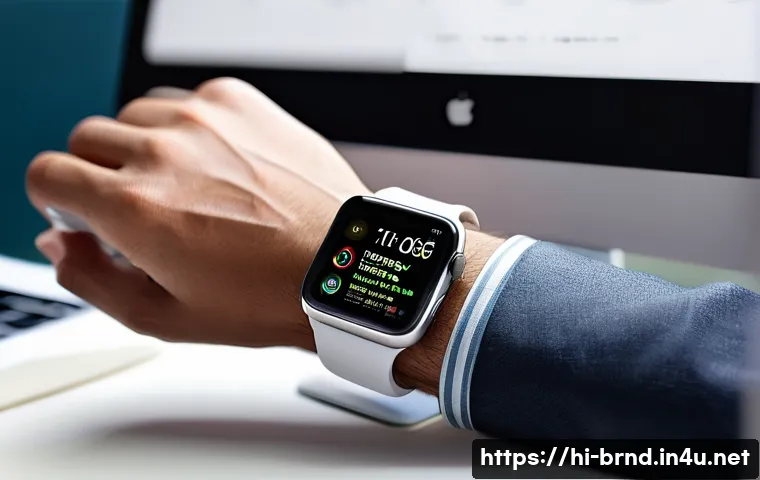 애플워치 vs 삼성 갤럭시워치 비교 - A detailed, modern workspace scene featuring a person wearing an Apple Watch on their wrist. The wat...