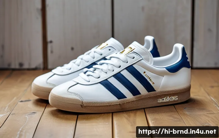 아디다스 오리지널스와 나이키 SB 비교 - A stylish close-up shot of Adidas Originals sneakers placed on a vintage wooden floor, highlighting ...