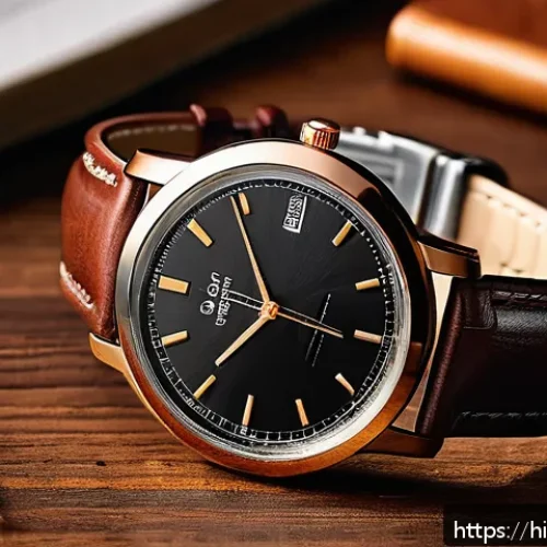 Home 33 몽블랑과 카르띠에 시계 라인 - A sophisticated wristwatch with a classic design featuring a rich brown leather strap, minimalist di...