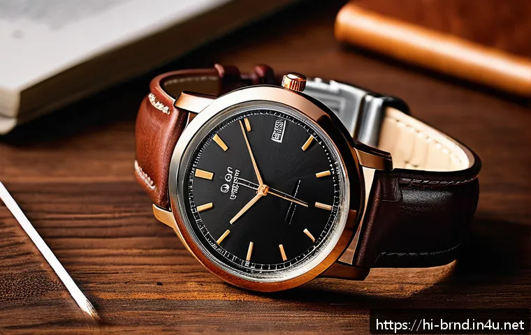 몽블랑과 카르띠에 시계 라인 - A sophisticated wristwatch with a classic design featuring a rich brown leather strap, minimalist di...