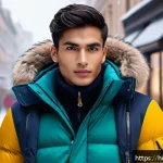 Home 20 몽클레르와 캐나다구스 비교 - A stylish urban winter scene featuring a young adult wearing a slim-fit Moncler jacket with soft, li...