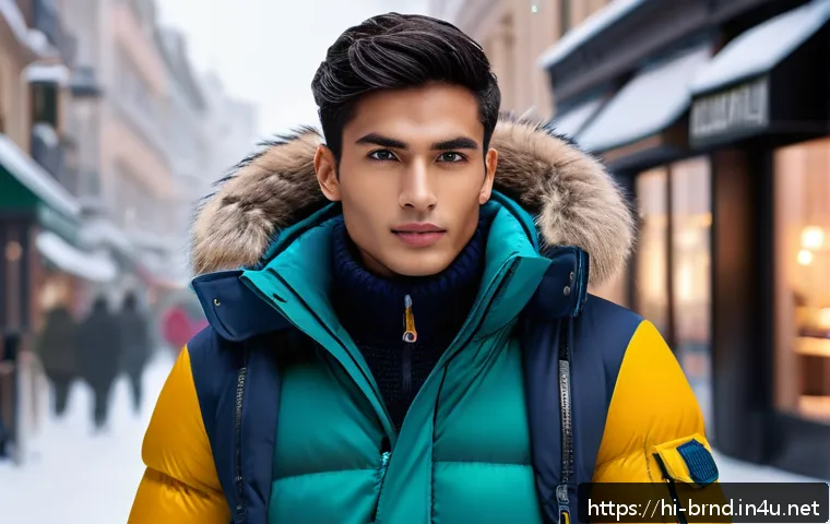 몽클레르와 캐나다구스 비교 - A stylish urban winter scene featuring a young adult wearing a slim-fit Moncler jacket with soft, li...