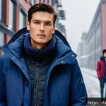 Home 19 스파오와 유니클로 겨울 아우터 - A detailed winter jacket comparison scene showing two male models standing side by side: one wearing...