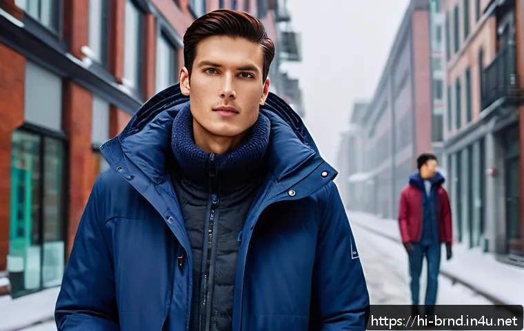 스파오와 유니클로 겨울 아우터 - A detailed winter jacket comparison scene showing two male models standing side by side: one wearing...
