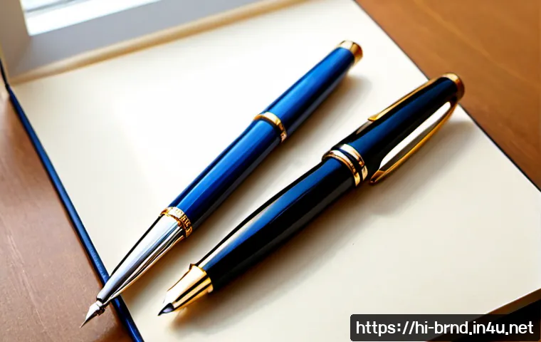 몽블랑과 파카의 고급 필기구 비교 - Photorealistic editorial comparison scene of two unbranded luxury fountain pens, one crafted in glos...
